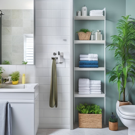 A sleek, modern vertical storage unit in a small bathroom, showcasing organized shelves with neatly arranged towels, toiletries, and plants, surrounded by bright tiles and soft lighting, emphasizing space efficiency and style.