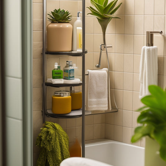 A slim, stylish shower caddy nestled in a narrow bathroom corner, adorned with neatly organized toiletries, vibrant shower gels, and a succulent plant, surrounded by sleek tiles and glistening fixtures.