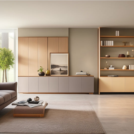 A sleek, minimalist living room with a floor-to-ceiling wall storage cabinet featuring sliding glass doors, wooden accents, and a mix of open and closed shelving, against a light gray background.