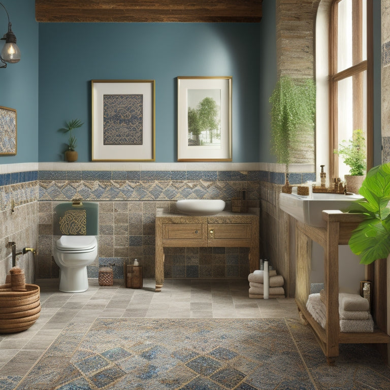 A serene bathroom scene featuring a mix of six different tile patterns (hexagonal, chevron, herringbone, brick, Moroccan, and subway) arranged in a harmonious, yet contrasting, visual display on walls and floor.