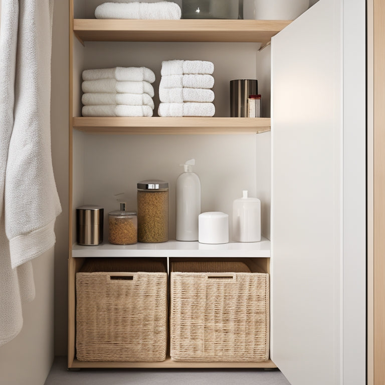 A sleek, minimalist under-sink cabinet with white cabinetry, neatly organized compartments, bamboo storage bins, and rolled towels. Soft natural lighting highlights the clean lines and serenity of the uncluttered space.