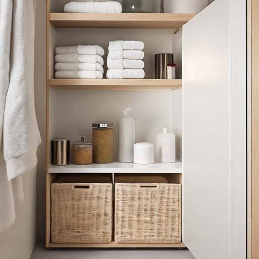 A sleek, minimalist under-sink cabinet with white cabinetry, neatly organized compartments, bamboo storage bins, and rolled towels. Soft natural lighting highlights the clean lines and serenity of the uncluttered space.