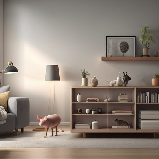 A minimalist illustration featuring a tidy living room with a few strategically placed symbols: a piggy bank on a coffee table, a calendar on the wall, and a few neatly organized files on a shelf.