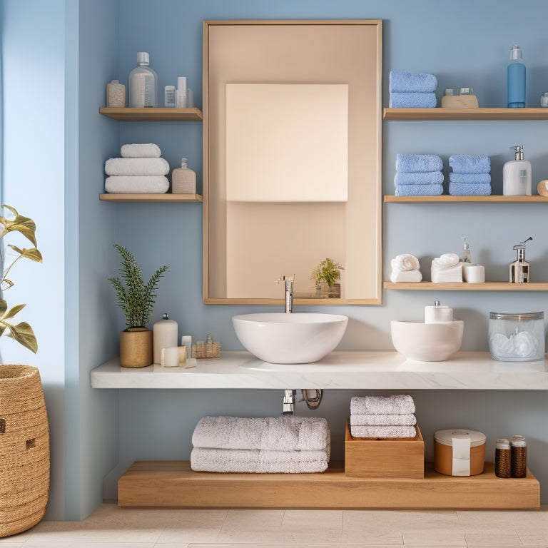 A beige bathroom with a single sink vanity, featuring three floating wall shelves in varying sizes, each holding a different arrangement of toiletries, towels, and decorative items, against a soft blue background.