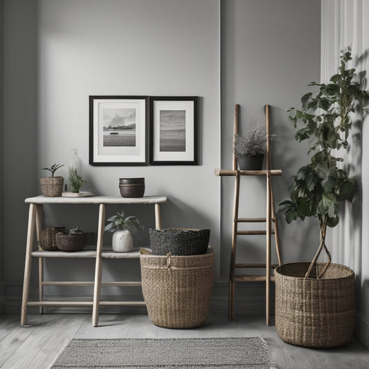 A minimalist, Scandinavian-inspired living room with a wooden ladder leaning against a wall, holding three woven baskets and two potted plants, surrounded by a few framed black and white photographs.