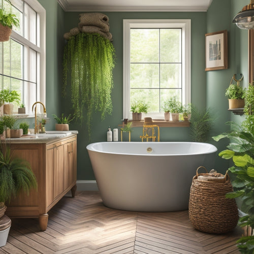 A serene bathroom with a freestanding tub, surrounded by floor-to-ceiling built-in shelves in a warm wood tone, holding lush green plants and elegant decorative vases.