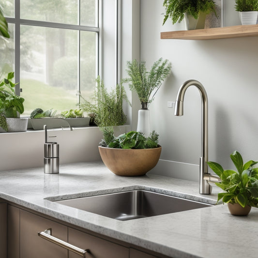 A sleek, modern kitchen with a granite sink vanity countertop, featuring a stainless steel faucet, surrounded by gleaming white cabinets, and a few decorative plants on the counter, set against a warm, beige background.