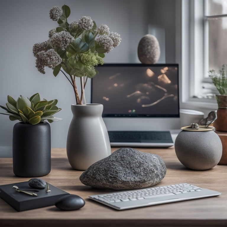 A tidy desk with a laptop open to a decluttering app, surrounded by organized files, a minimalist vase with a single stem, and a few carefully placed decorative rocks.