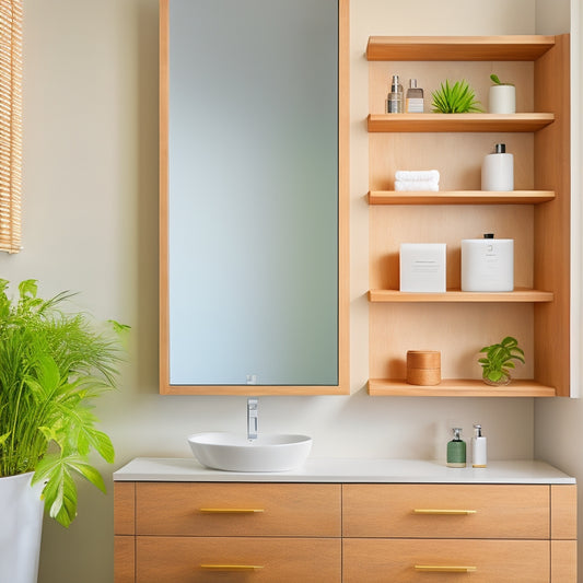 A sleek, modern floating bathroom cabinet in a minimalist space, featuring soft wood finishes, integrated lighting, and stylish toiletries displayed on open shelves, with soothing neutral tones and a touch of greenery in the background.