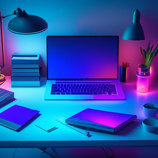A futuristic, minimalist desk with a sleek laptop, a few scattered papers, and a single, glowing key hovering above a organized row of colorful folders, surrounded by subtle, shimmering locks.