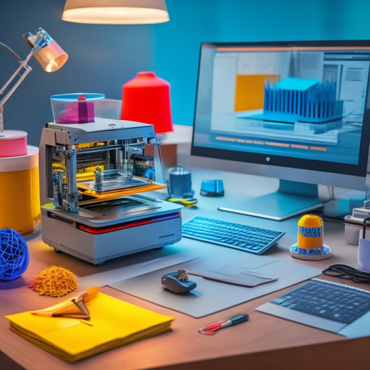 A futuristic desk setup featuring a 3D printer in the background, surrounded by various colorful label holders in unique shapes, with a few labels attached, amidst scattered tools and printing materials.