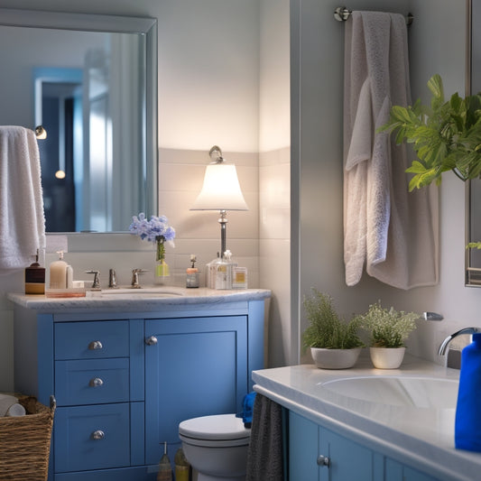 A serene, well-lit bathroom with a few strategically-placed cleaning supplies, a partially-checked checklist on a clipboard, and a few sparkling clean surfaces, conveying a sense of organization and tranquility.