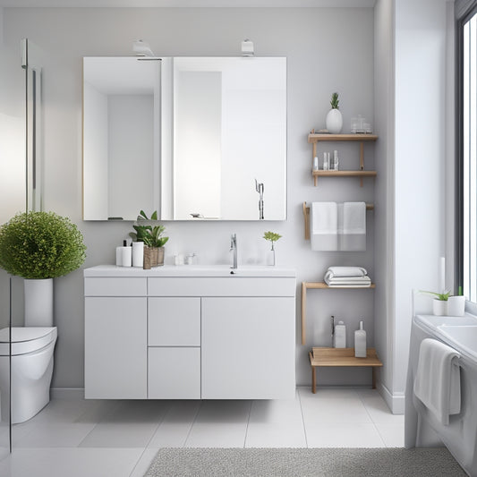 A sleek, modern bathroom with a white wall cabinet above the sink, mirrored doors reflecting the room, and a few toiletries and towels neatly stored inside, surrounded by minimalist decor.