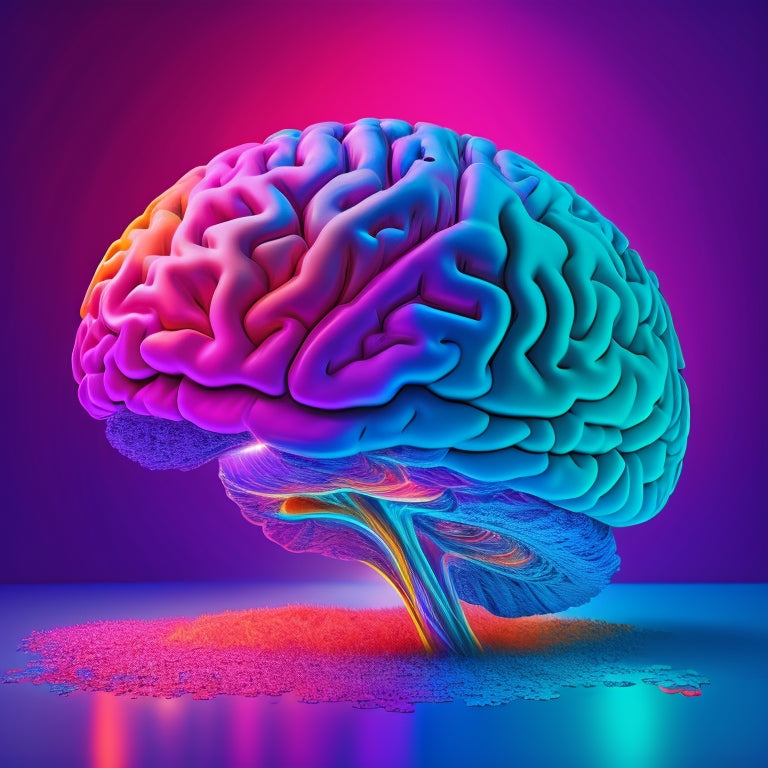 A vibrant, 3D brain with glowing, colorful neurons and sparks flying out, surrounded by swirling patterns of paintbrush strokes, musical notes, and puzzle pieces, set against a bright, gradient blue background.