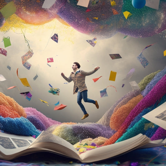 A whimsical illustration of a person surrounded by swirling clouds of colorful papers, scattered objects, and tangled strings, with a subtle glow emanating from their center, symbolizing self-discovery.