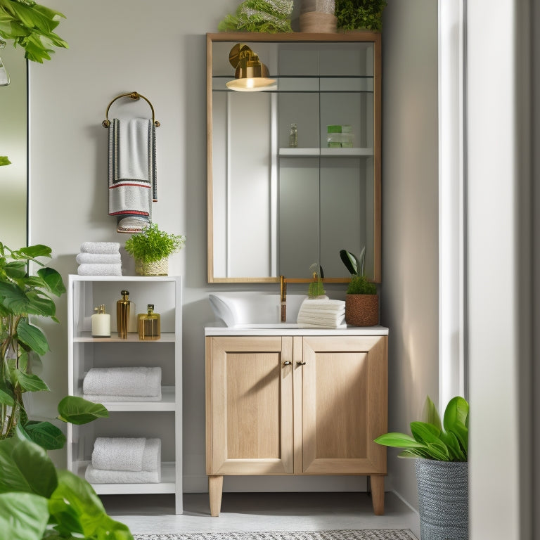 A chic bathroom featuring a sleek, modern storage cabinet with open shelving and neatly organized towels, plants, and decorative items, complemented by soft lighting and a serene color palette for a stylish ambiance.