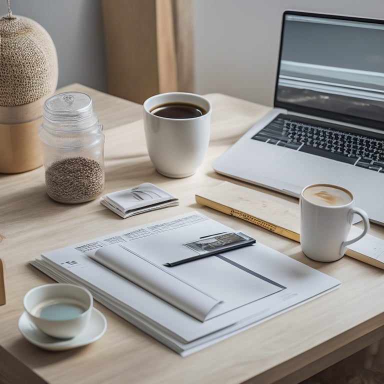 A minimalist desk with a laptop, a few neatly arranged folders, and a single coffee cup, surrounded by subtle background hints of digital storage clouds and organized files.