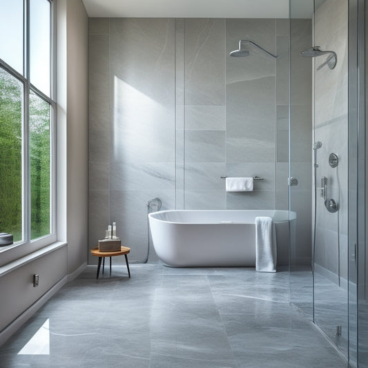 A serene bathroom scene: a freestanding tub with a rainfall showerhead, surrounded by sleek, gray marble flooring and walls, with a floor-to-ceiling glass enclosure and a minimalist, chrome handheld showerhead.