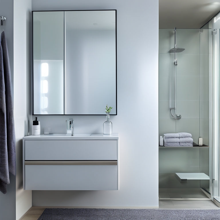 A close-up of a sleek, modern bathroom with a large, rectangular mirror hanging on a wall, its bottom-right corner slightly ajar, revealing a hidden storage compartment with rolled towels and toiletries inside.