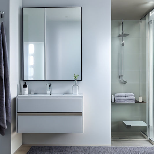 A close-up of a sleek, modern bathroom with a large, rectangular mirror hanging on a wall, its bottom-right corner slightly ajar, revealing a hidden storage compartment with rolled towels and toiletries inside.