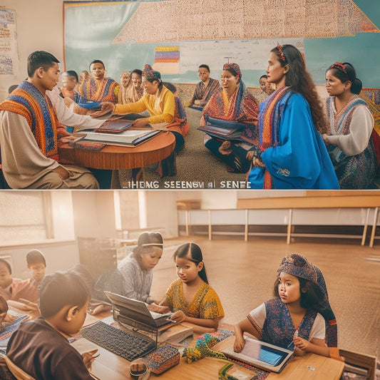 A futuristic Filipino classroom with a holographic teacher, students wearing VR headsets, and laptops surrounded by Philippine flags, jeepneys, and traditional textiles, blending tradition with innovation.