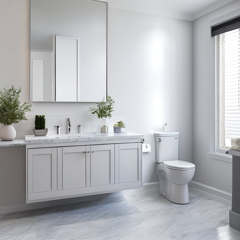 A modern bathroom with a wall-mounted vanity sink toilet combo in a sleek, white finish, surrounded by gray marble countertops and a large, frameless mirror.