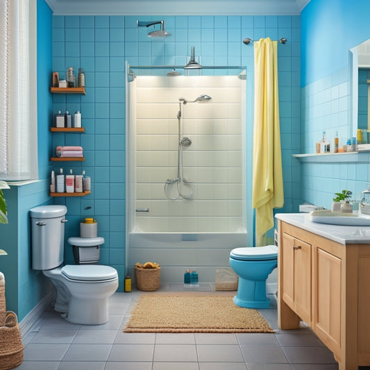 A bathroom with a blank wall, a drill, level, and wall anchors on the floor, surrounded by bathroom essentials like towels, toiletries, and a shower curtain.