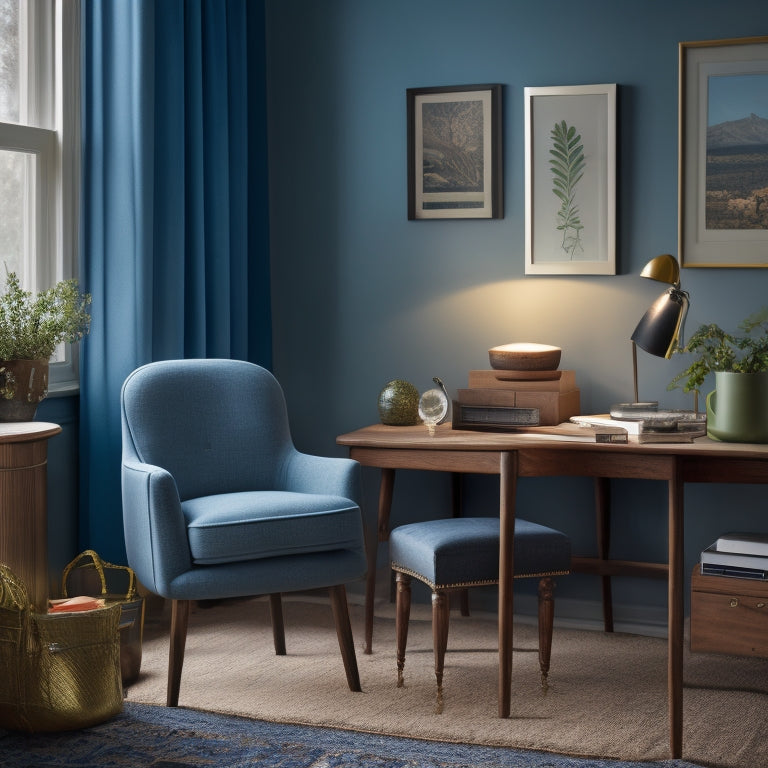 A serene, well-lit room with a few, carefully selected possessions, a comfortable armchair, and a small, organized desk, surrounded by calm, natural colors and plenty of negative space.