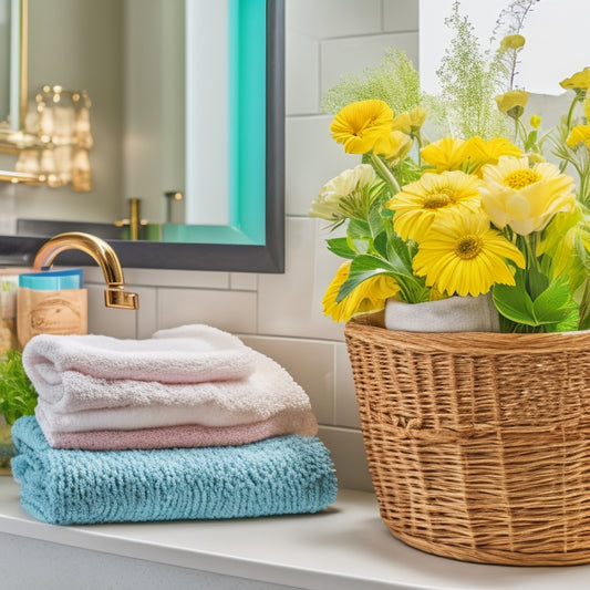 A bright, modern bathroom with a Dollar Tree shopping basket in the foreground, surrounded by organized toiletries, a woven basket, a vase with fresh flowers, and a few strategically placed decorative stones.