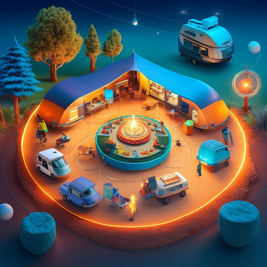 A whimsical illustration of a virtual campsite, with multiple R-pod travel trailers gathered around a glowing, pulsing circle, surrounded by laptops and smartphones, with virtual connections and threads weaving between them.