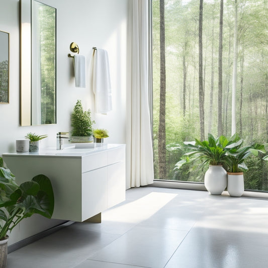 A serene modern bathroom with a sleek, white pedestal sink, chrome faucet, and marble countertop, surrounded by a floor-to-ceiling glass wall, natural stone flooring, and lush greenery.