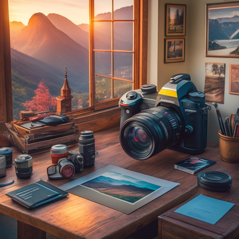 A photographer's workspace with a DSLR camera, lenses, and a tripod, surrounded by prints of vibrant landscapes, cityscapes, and portraits, with a subtle gradient of warm and cool tones.