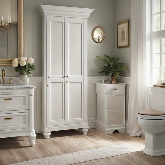 A serene white bathroom with a wall-mounted cabinet featuring soft-close doors, a freestanding linen closet with ornate legs, and a pedestal sink with a built-in storage drawer.
