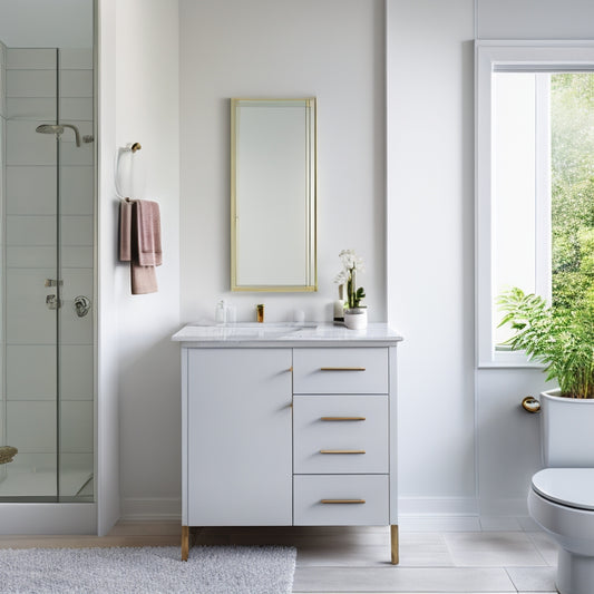 A serene bathroom with a minimalist aesthetic, featuring a wall-mounted cabinet with a mirrored door, a freestanding tub, and a countertop with a single, sleek soap dispenser.