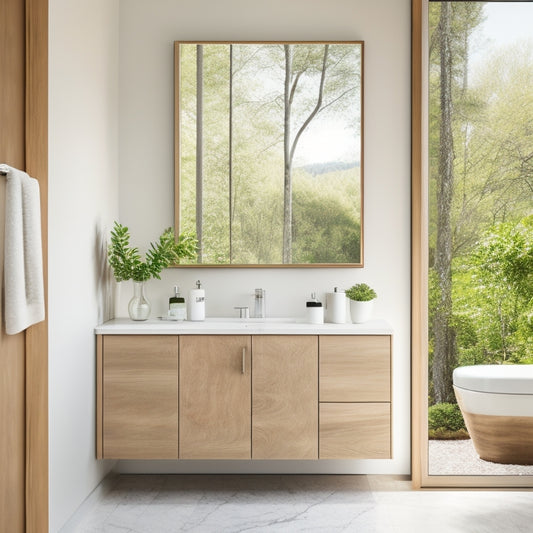 A serene minimalist bathroom featuring sleek, white cabinetry, a floating vanity with a single basin, a frameless glass shower, and natural wood accents, surrounded by soft, muted earth tones and strategically placed greenery.