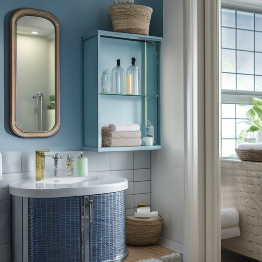 A serene, well-lit bathroom with a wall-mounted cabinet featuring transparent glass doors, a recessed medicine cabinet, and a woven storage basket on a polished chrome shelf above a freestanding tub.