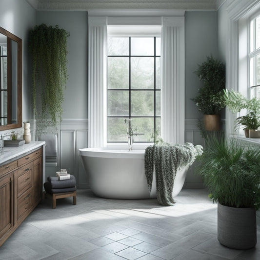 A serene bathroom space with a freestanding tub, surrounded by gray marble floors, white walls, and a large skylight above, filled with lush greenery and a few candles.