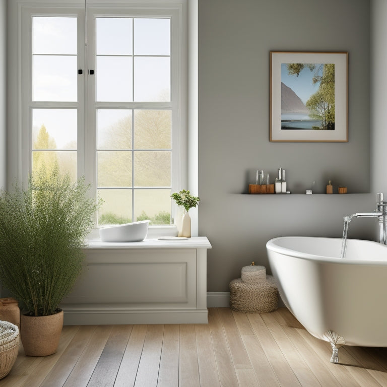 A serene bathroom with a white freestanding tub, surrounded by minimalistic gray walls and a large window with subtle natural light, featuring a simple calendar on a wooden wall-mounted shelf.