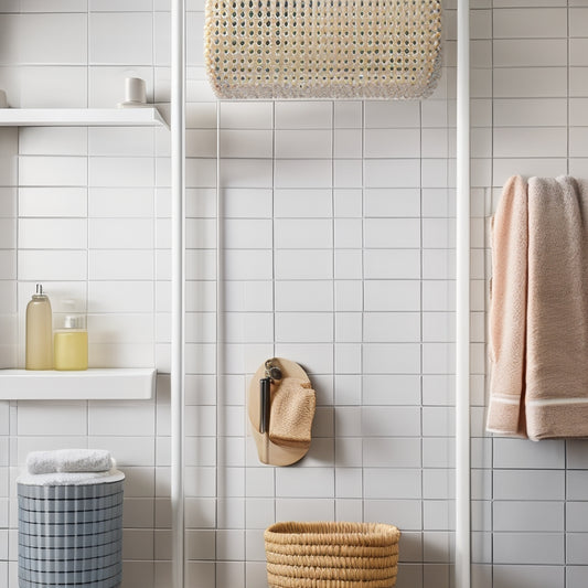 A minimalist shower stall with a wall-mounted shelf holding a woven basket, a suction cup holding a loofah, and a tension rod with hanging storage pockets.