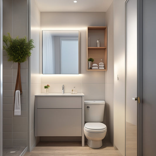 A modern bathroom with a wall-mounted cabinet above the toilet, featuring a mirrored door, soft-close drawers, and a sleek chrome handle, surrounded by minimalist decor and soft, warm lighting.