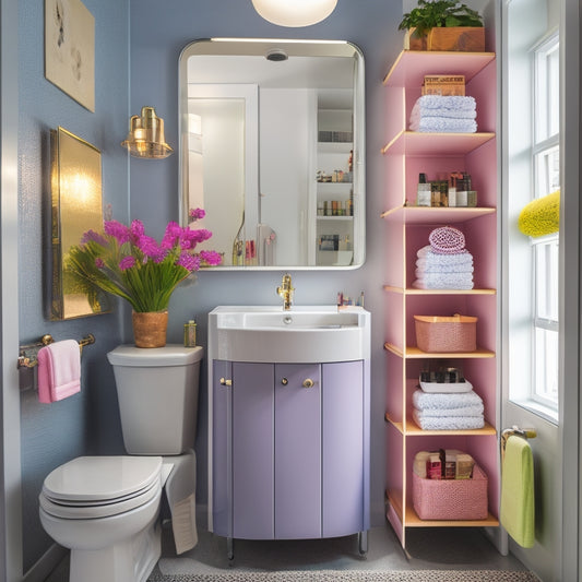 A compact bathroom featuring a sleek, rotating storage tower filled with colorful toiletries, hanging baskets on the wall, and a mirrored cabinet above the sink, all surrounded by soft, ambient lighting.
