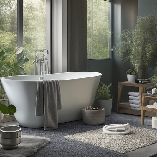 A serene bathroom scene with a freestanding tub, surrounded by lush greenery, featuring a sleek, chrome-finished caddy holding luxurious towels, toiletries, and a few decorative pebbles.