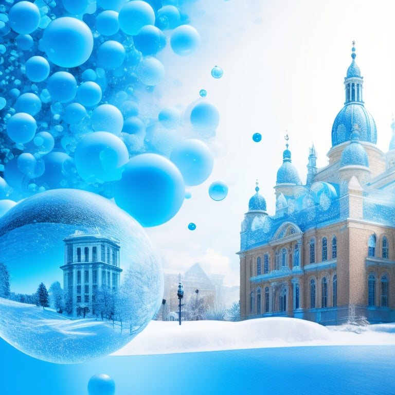 A vibrant, abstract illustration featuring a mix of blue and white bubbles, swirling around a stylized college building silhouette, with social media icons and hashtags subtly integrated into the design.