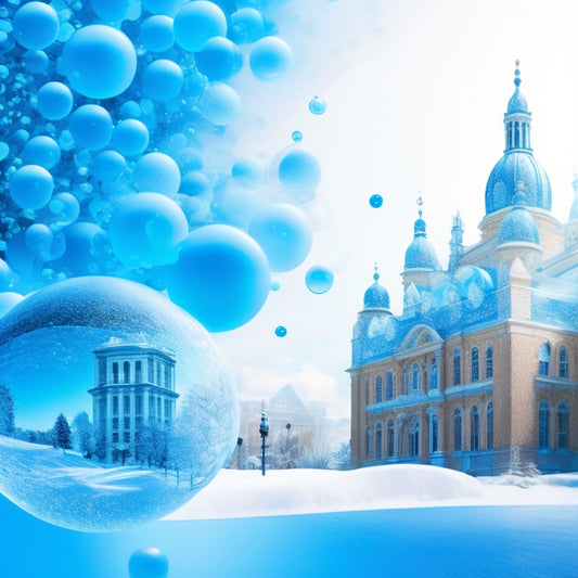 A vibrant, abstract illustration featuring a mix of blue and white bubbles, swirling around a stylized college building silhouette, with social media icons and hashtags subtly integrated into the design.