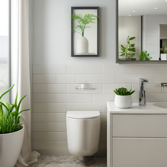 A sleek, modern bathroom with white walls and grey flooring, featuring a compact shelf with three tiers, holding decorative soap dispensers, towels, and a potted plant.