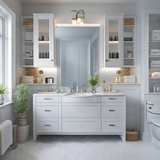 A modern bathroom with a wall-mounted vanity featuring three horizontal drawers, each with a custom organizer system, holding toiletries, towels, and beauty products, surrounded by sleek, white tile and a large mirror.