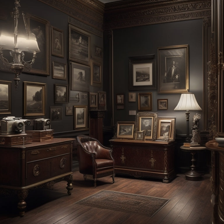 A dimly lit, ornate gallery space with vintage cameras and leather-bound books on wooden tables, surrounded by large, framed black-and-white photographs of 1940s-50s American life.