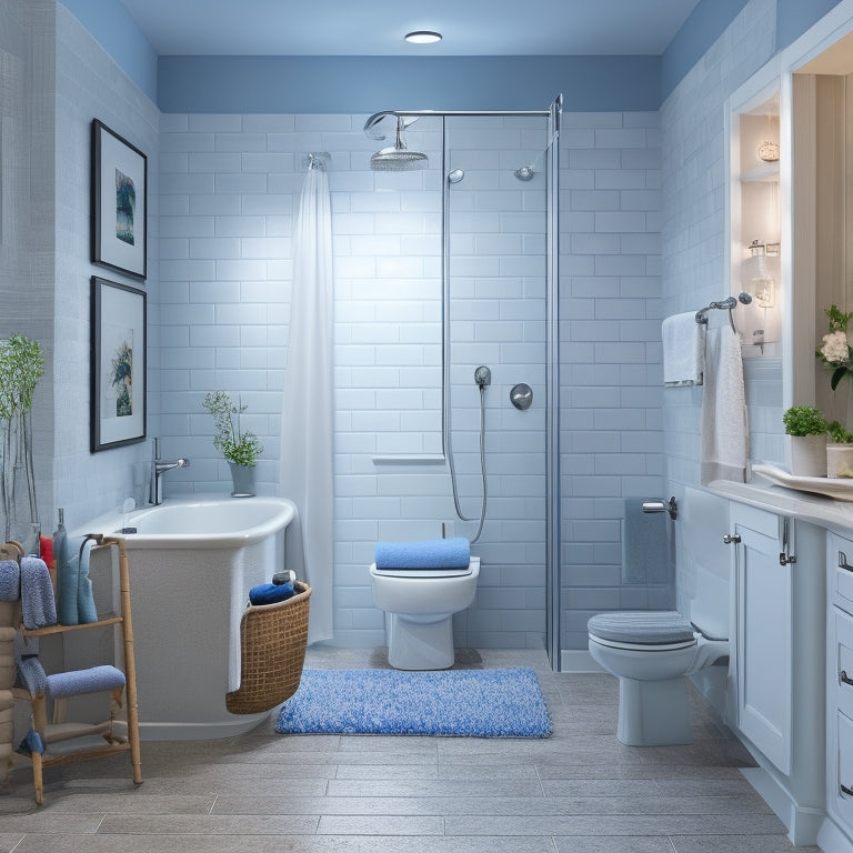 A serene, well-lit bathroom with a wheelchair-accessible sink, grab bars, and a roll-in shower, featuring a wall-mounted fold-down seat, a handheld showerhead, and a shower caddy with storage baskets.