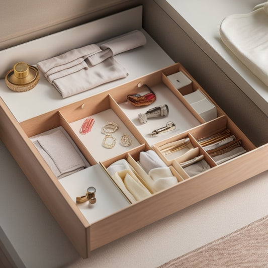 A serene, minimalist drawer interior with 5-7 compartments, each containing a few carefully arranged items like folded clothes, jewelry, or office supplies, surrounded by soft, warm lighting.