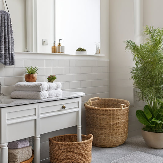 A tidy bathroom with a corner shelf stand holding three woven baskets, a potted plant, and a few rolled towels, surrounded by a white sink, mirror, and marble countertop.